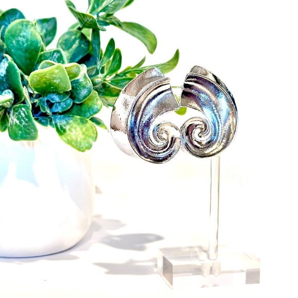 ZARA Heavy Metal Statement Silver Swirl Earrings​ - Picture 2 of 6